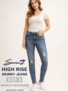 Seven7 High Rise Skinny Jeans Size 8 Distressed Stretch Denim Tummyless